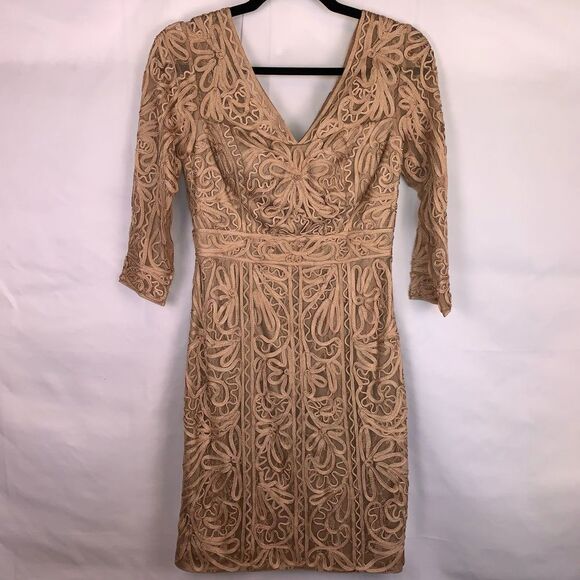 Sue Wong Lace Three Quarter Sleeve Taupe Dress - Picture 2 of 11